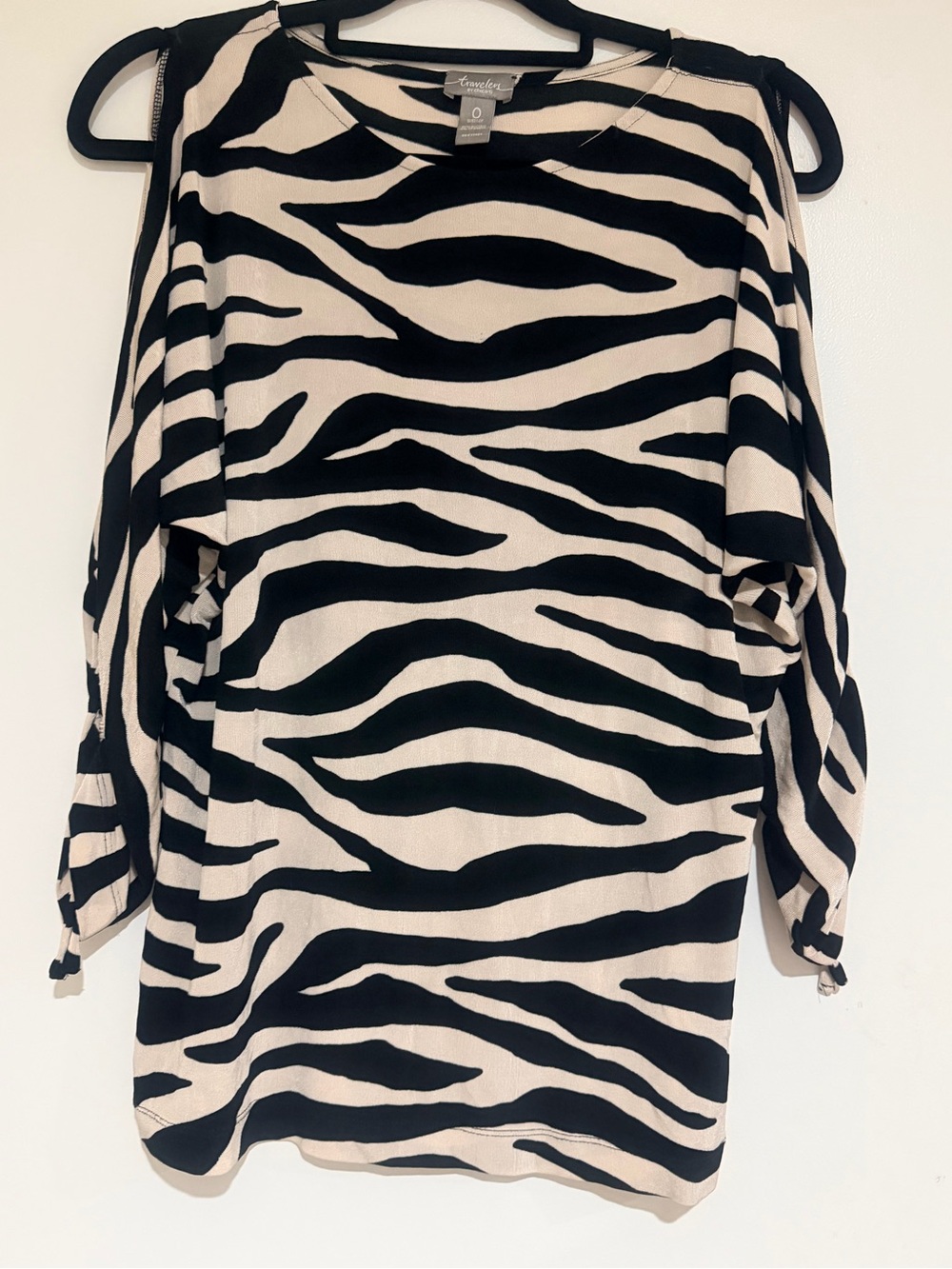 Traveler’s by Chico’s Zebra Print Cold-Shoulder Blouse in Black and Cream